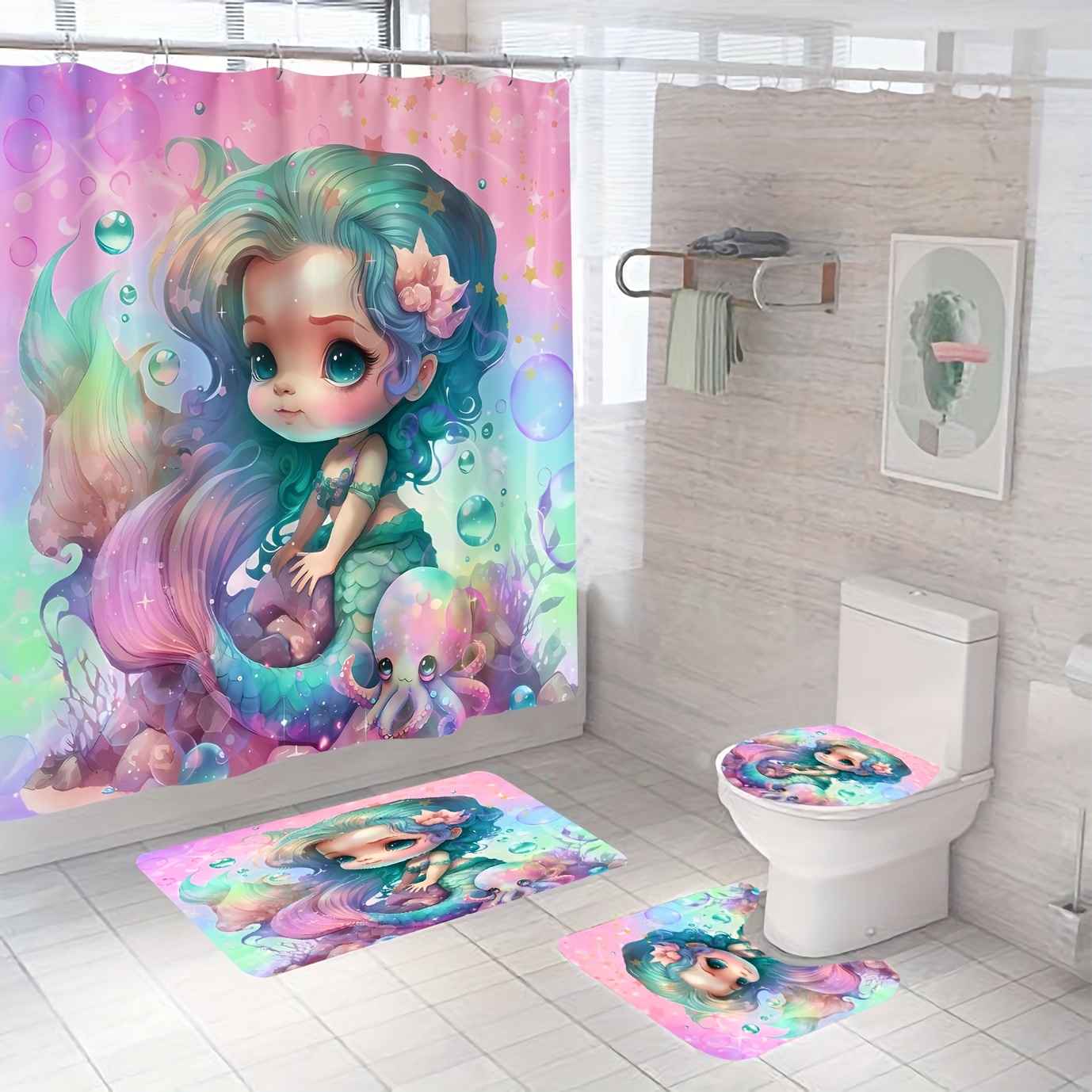 Fairy Tale Ocean World Dolphin Fish Shower Curtain Sets For Bathroom Decor