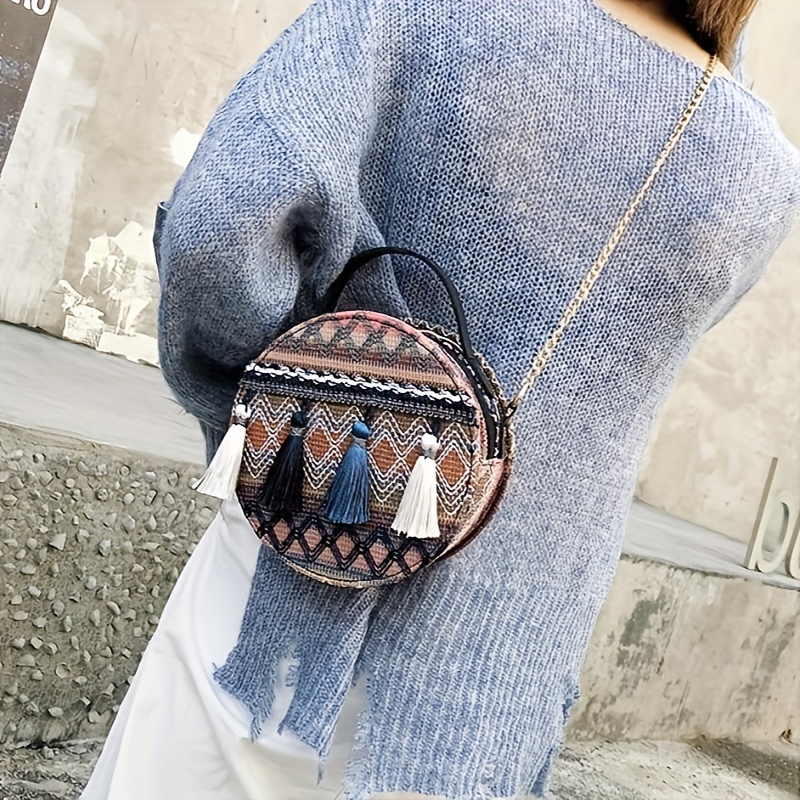 

Retro Ethnic Style Round Mini Crossbody Bag, Tassel Decor Embroidery Phone Lipstick Coin Bag, Fashion Casual Shoulder Bag For Leisure Travel Best Gifts For Carnaval