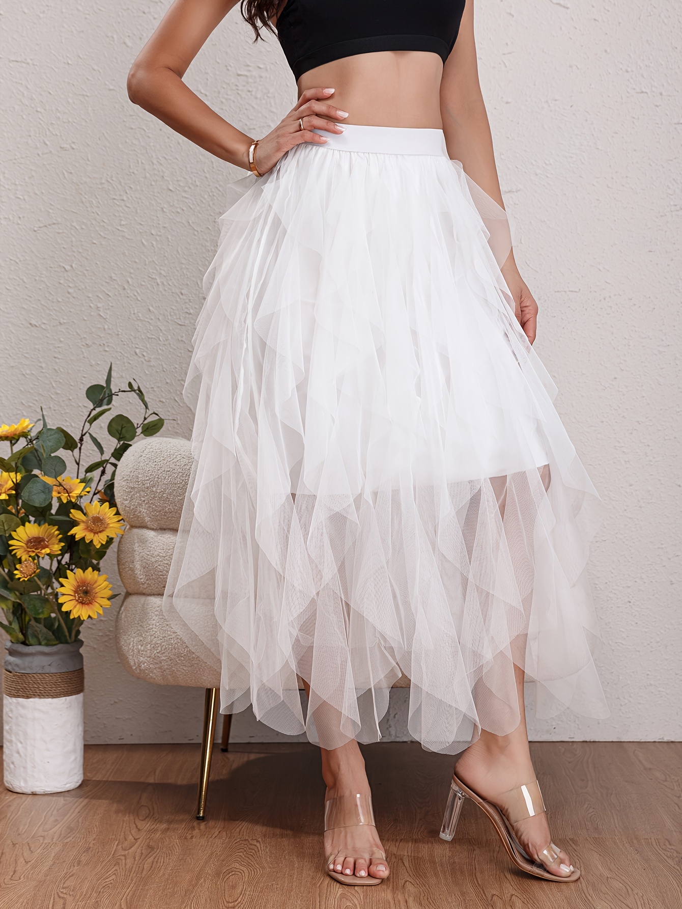 Solid Layered Mesh Skirt, Versatile Skirt For Spring & Fall, Women's  Clothing
