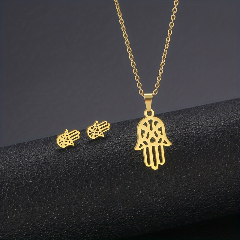 Couples Stainless Steel Palm Necklace Earring Set