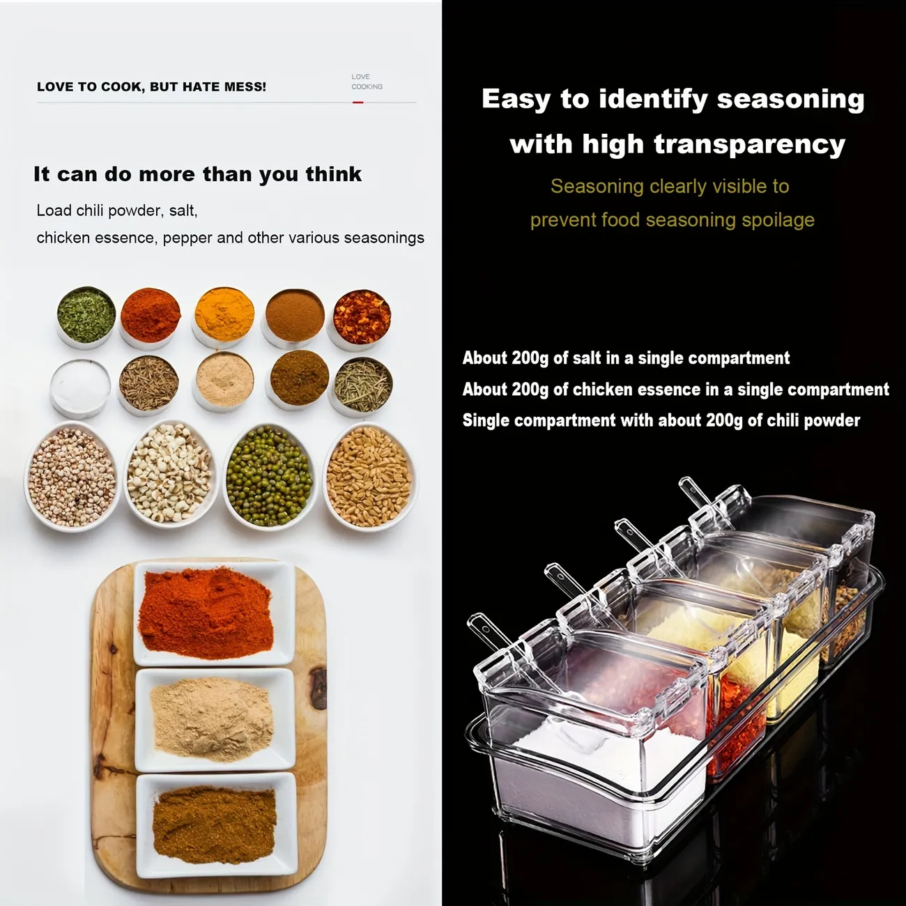 Clear Seasoning Box Kitchen Spice Pots Visible Combo Set with Handle  Transparent 3 Grids Condiment Jar for Spice Seasonings White
