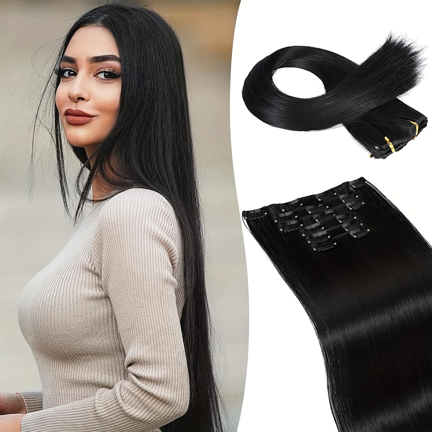 Heat Resistant Clip on Straight Hair Extensions Long lasting - Temu