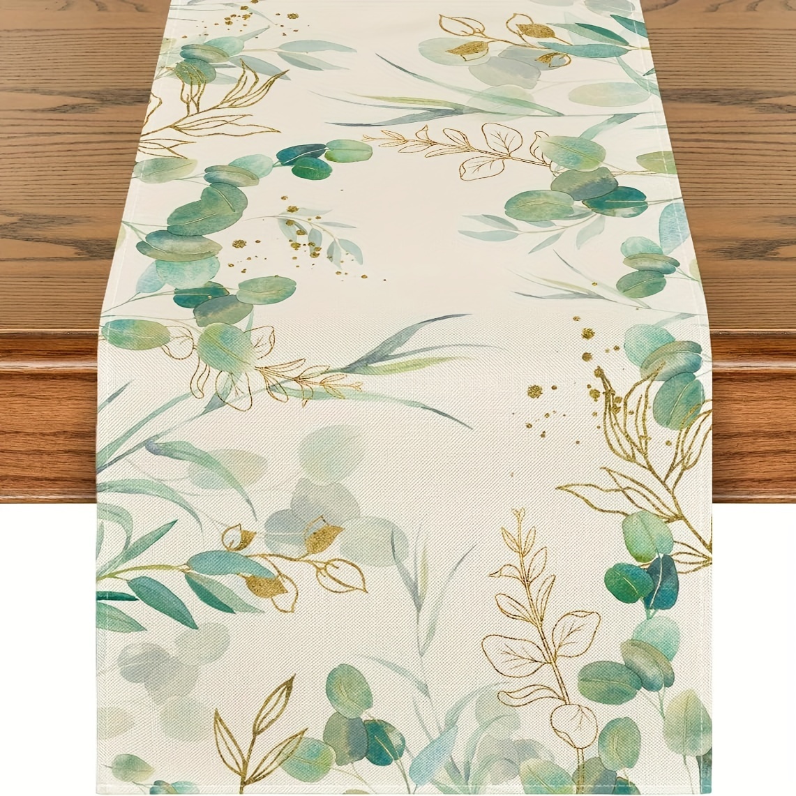 

1pc, Table Runner, Beige Green Eucalyptus Summer Theme Table Runner, Spring Seasonal Decorative Table Runner, Party Decor, Oil And Stain Resistant Table Cloth, Dining Table Decor