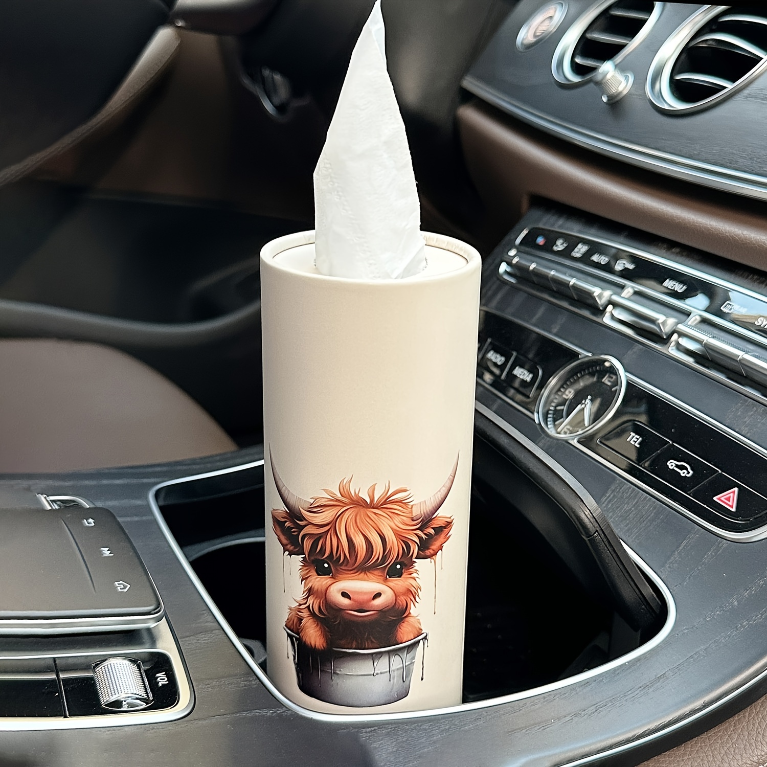 

1pc Highland Cow Car Tissues Box With Facial Tissues - Travel Tissue Cylinder Tubes For Car Cup Holder, Round Tissue Case For Home Dining Table