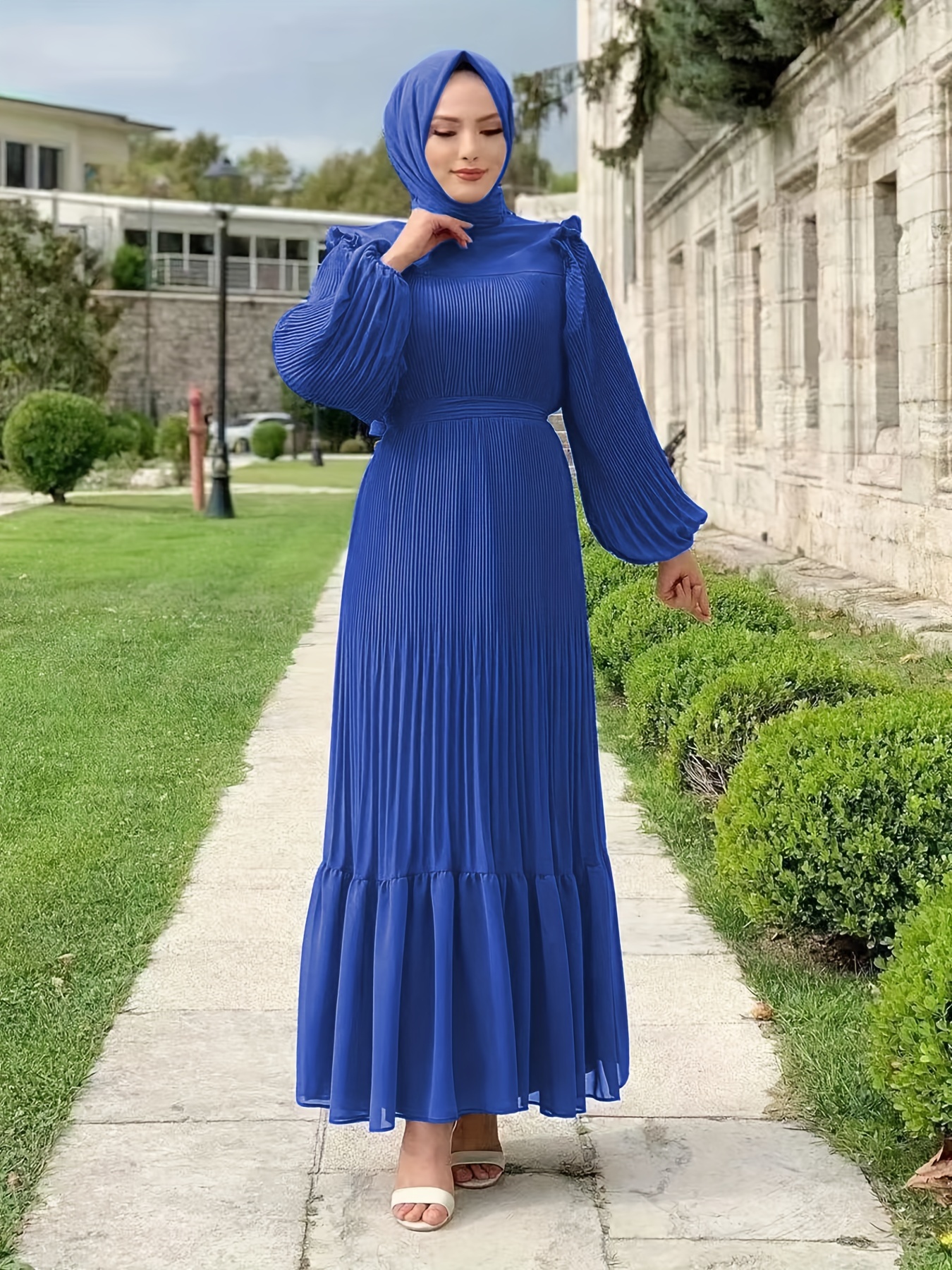 Women's Casual Solid Muslim Dress Lantern Sleeve Abaya