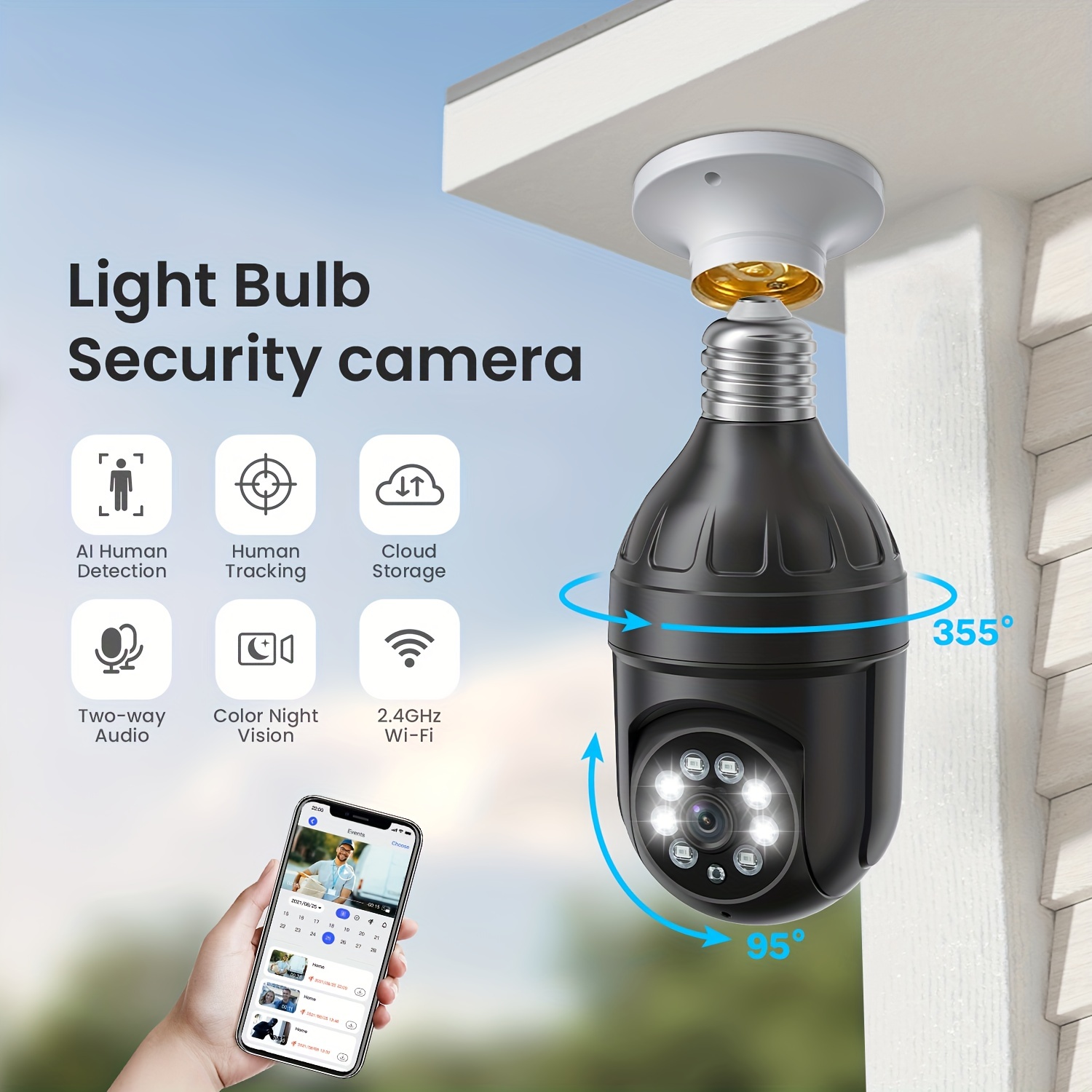 1080p Light Bulb Wireless Security Camera, 355° Panoramic Dome Cam, Live  View, AI Human Detection, 2-Way Audio, Color Night Vision, Cloud Storage,  Spo