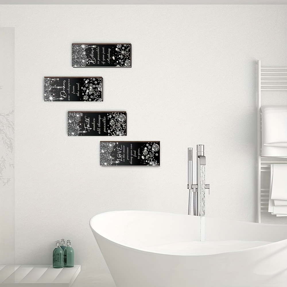 

4pcs Glitter Diamond Bathroom Wall Decor Wooden Inspirational Quote, Wooden Sign Love Faith Believe Dream Wall Decor Bathroom Decor Black Silver Shiny Drips Hanging Bathroom Sign For Living Room Home