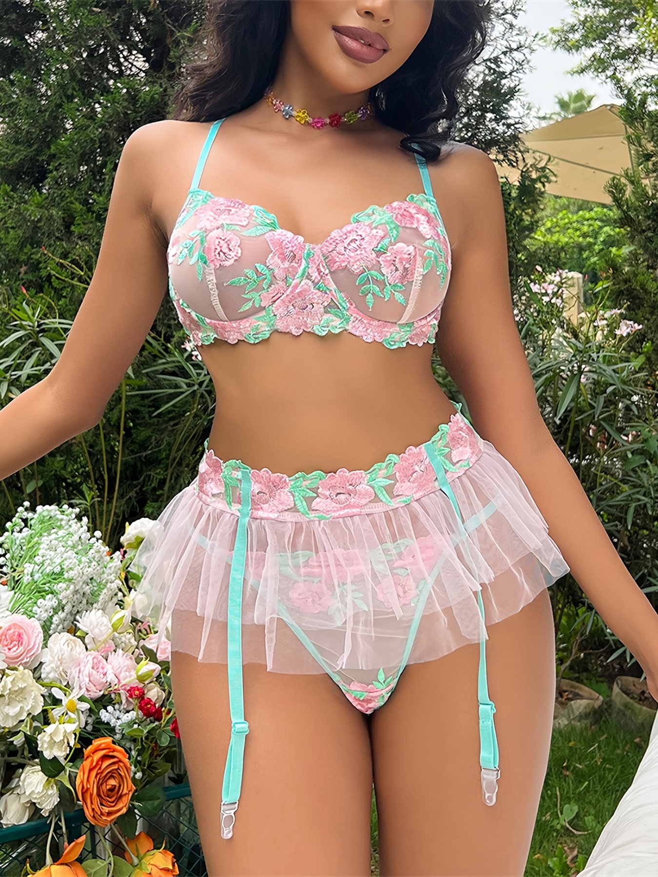 Romantic Floral Embroidery Lingerie Set - Sheer Bra And Mesh Thong For  Women's Sexy Underwear - Temu Italy