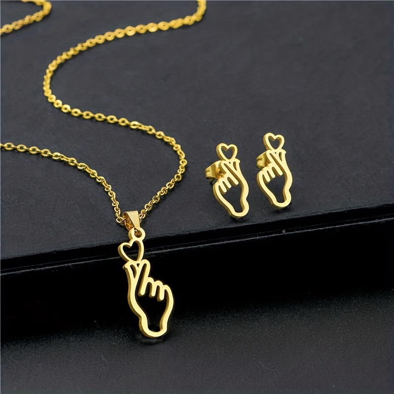 

3pcs Earrings + Necklace Funny Jewelry Set Made Of Stainless Steel 18k Plated Cute Heart Gesture Design Suitable For Men And Women