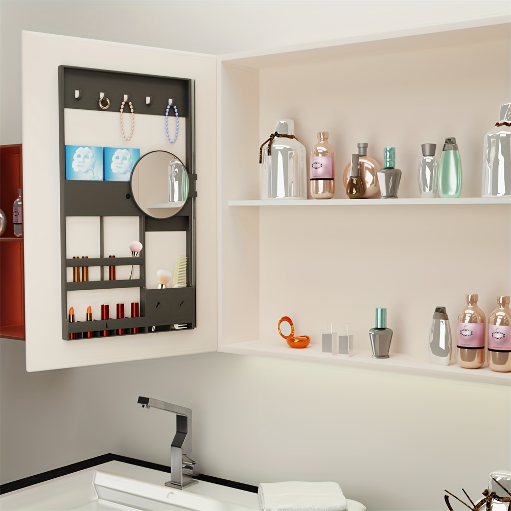 Wall Mounted Storage Rack, Installed Behind Bathroom Cabinet Door With  Makeup Magnifying Mirror, Multi-functional Wall Hanging Storage Shelf,  Lipstick Mask Cosmetics Organizer - Temu