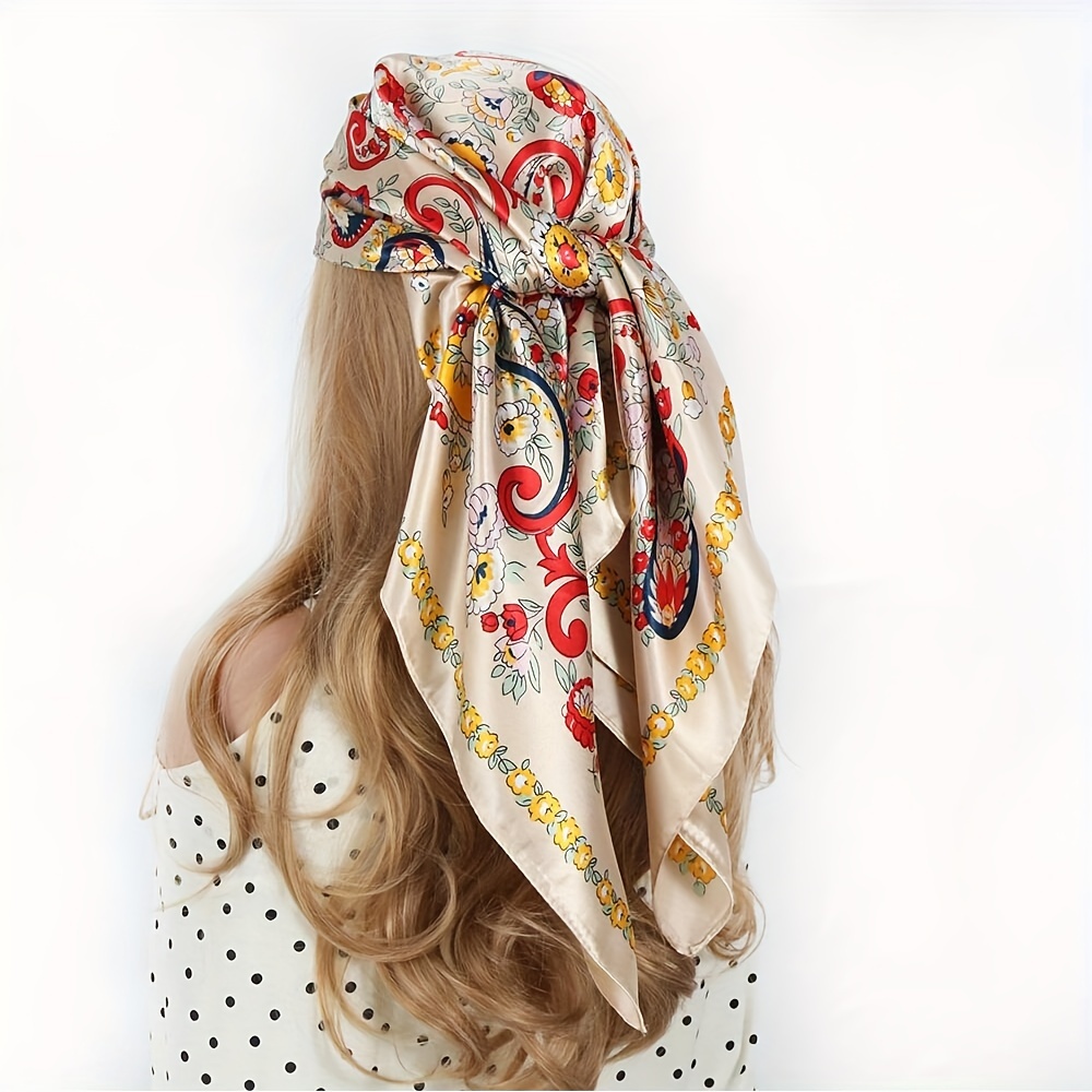 

35.4" Multicolor Paisley Printed Square Scarf, Vintage Thin Satin Sunscreen Headscarf, Outdoor Windproof Decorative Head Wrap For Women