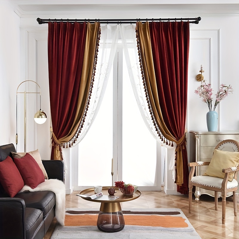 Velvet Cloth Wine Red Color Blocking Beige Curtain For - Temu