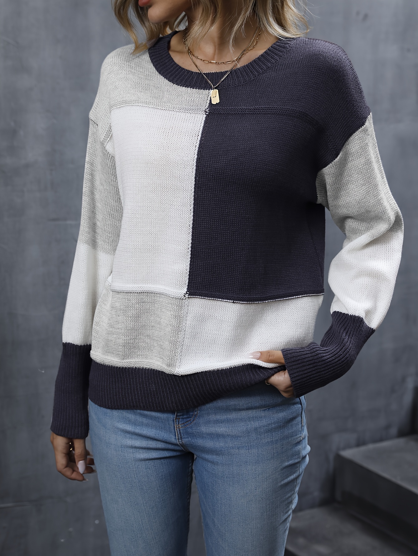 Color block patchwork standard slim store casual sweater