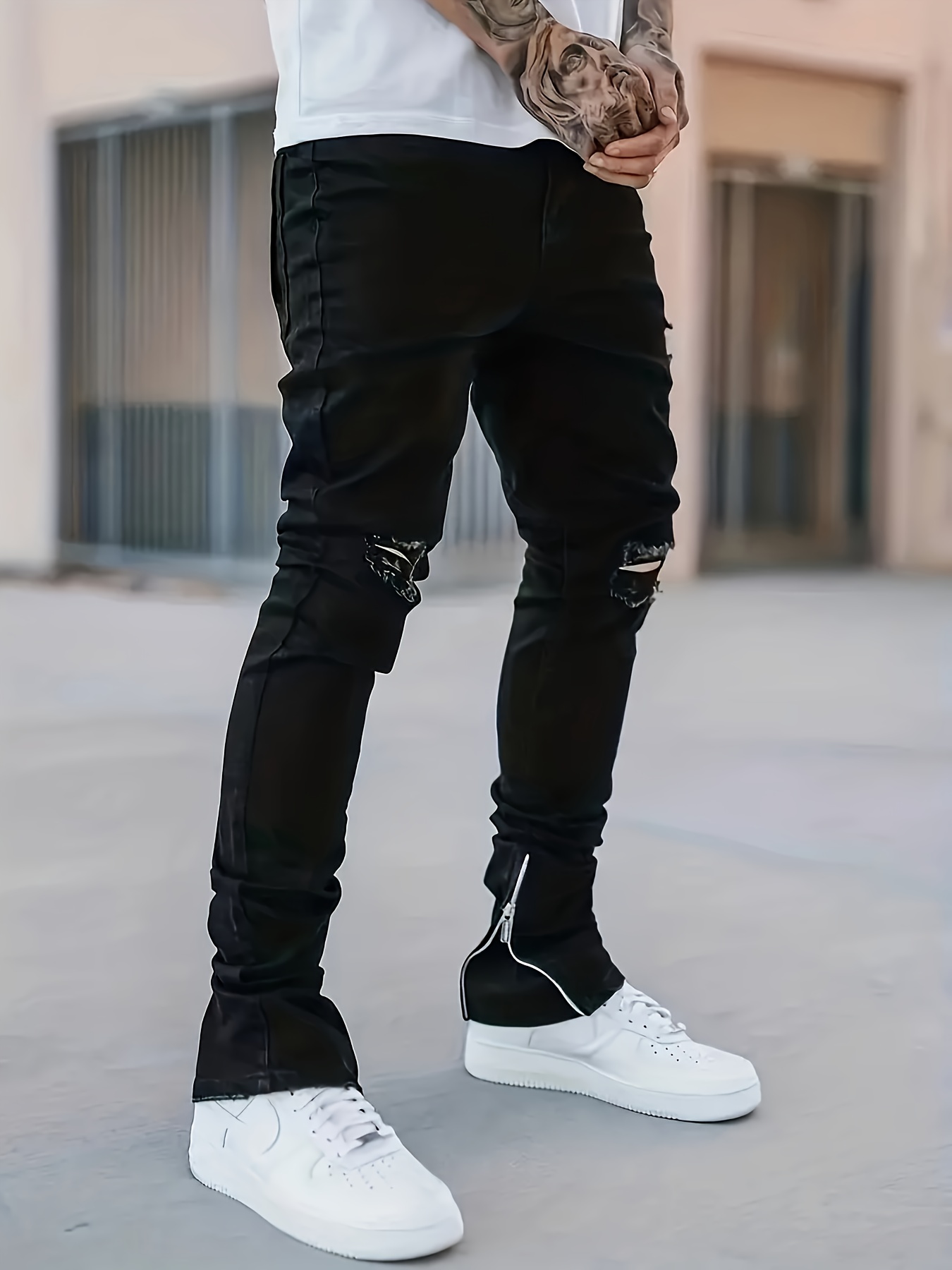 Mens Stacked Jeans Fashion Slim Fit Ripped Skinny Jeans Trendy