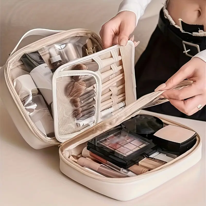 Travel Makeup Bag Pu Leather Double Layer Make Up Bag Clear - Temu