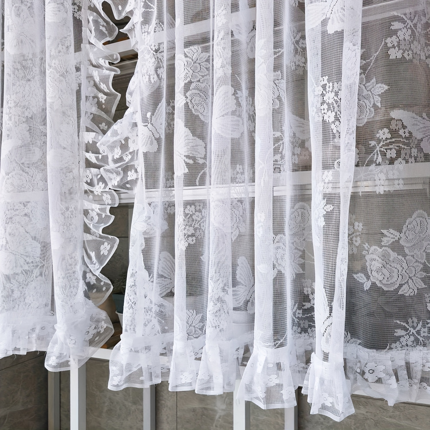 Idílico francés retro flores puerta cortinas tela floral urdimbre volantes  cortinas de gasa para la cocina retro beige cortinas de encaje # a397