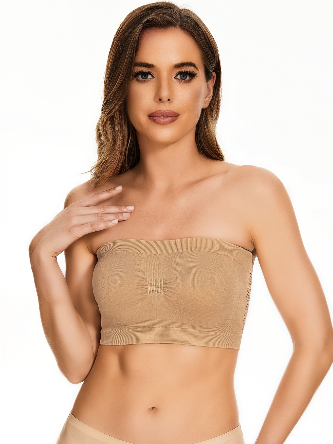 IMISSILLEB Women Plus Size Stretch Strapless Bra Seamless Bandeau Bra  Removable Padded Tube Tops Soft Bralette Bras (Beige, Small) at   Women's Clothing store