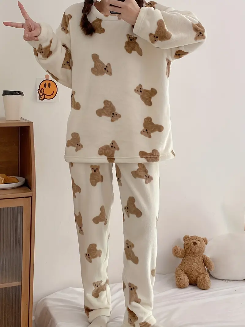 Cute Teddy Bear Print Pajama Set, Cozy Long Sleeve Round Neck Flannel Top &  Pants, Women's Sleepwear
