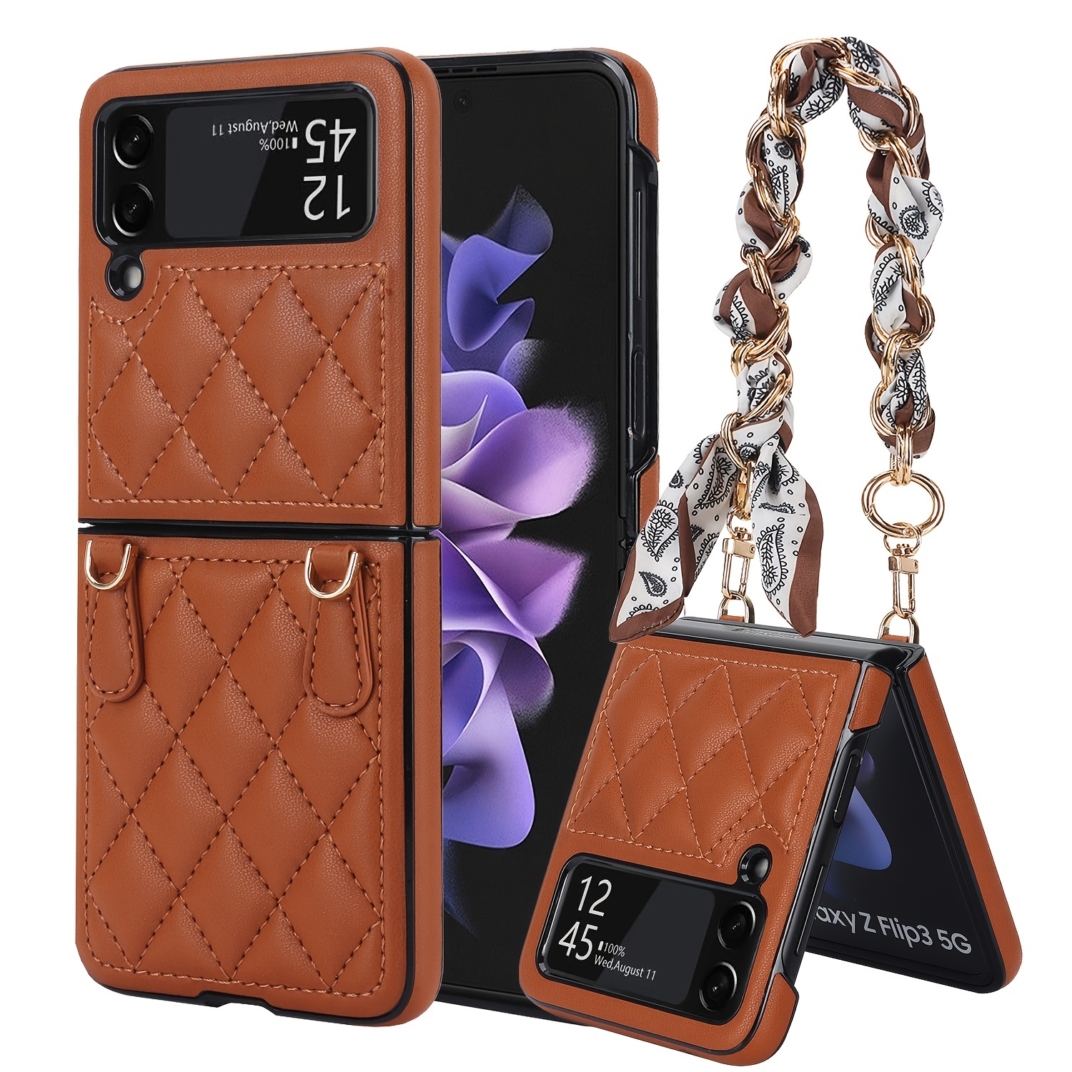 Fashion Artificial Leather Phone Case For Galaxy Z Flip 5 Z Flip 4 3 With  Long Lanyard Crossbody Wallet Card Bag Protect Cover - Temu