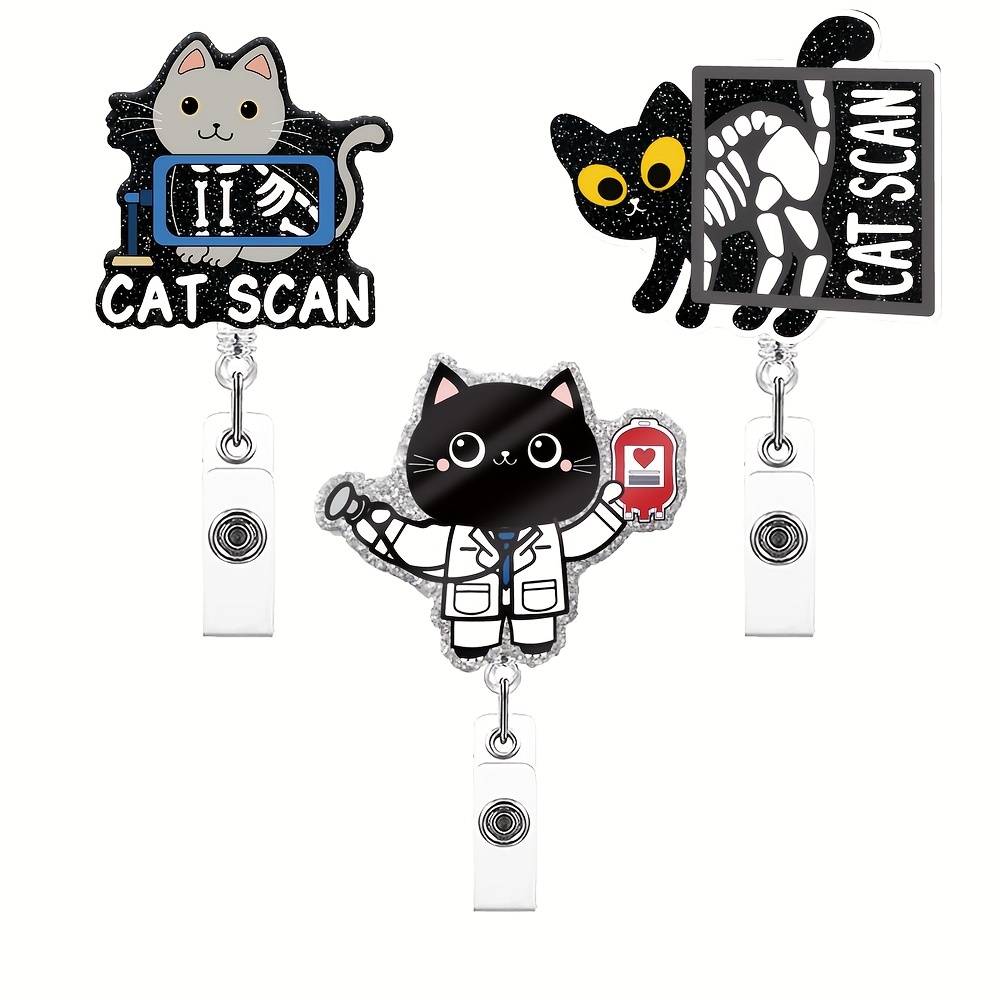 Retractable Cat Scan Badge Reel Clip Funny Black Glitter Cat - Temu