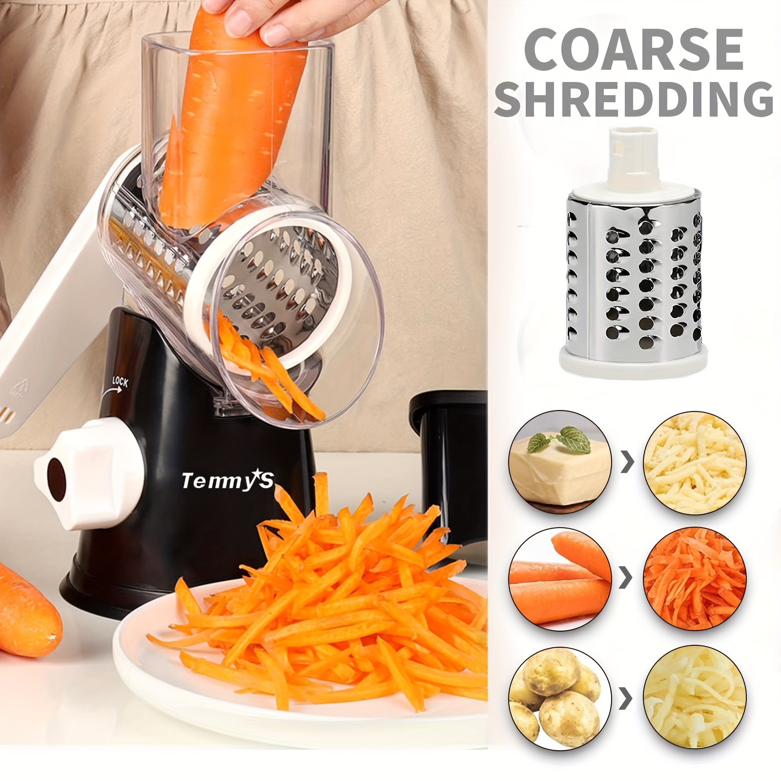 Temu Rotary Cheese Grater, Large 3in1 Manual Round Mandoline Slicer, Cheese  Grater With Handle With 6 Interchangeable Stainless Steel Blades And Strong  Suction Base For Cheese, Vegetable, Walnuts, Potato - Appliances - Temu  50.99