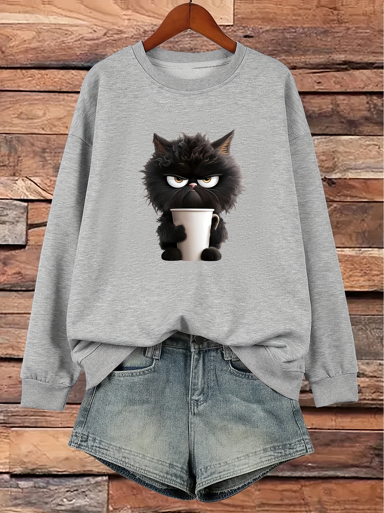 Cat Print Sweatshirt Plus Size Crew Neck Casual Sweatshirt Temu Australia