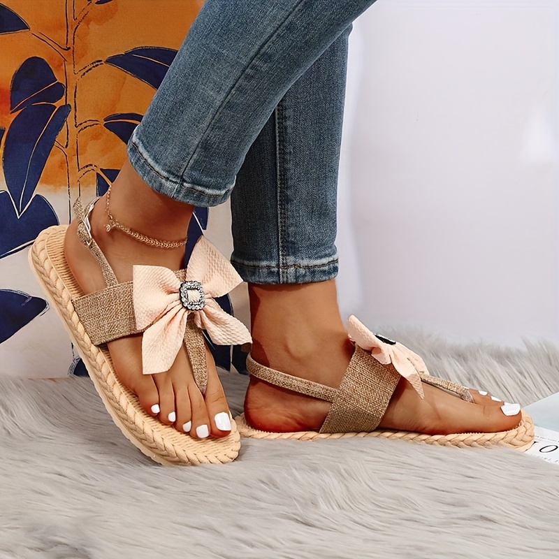 Women Rhinestone Thong Sandals Summer Flat Sandal Ankle Strap