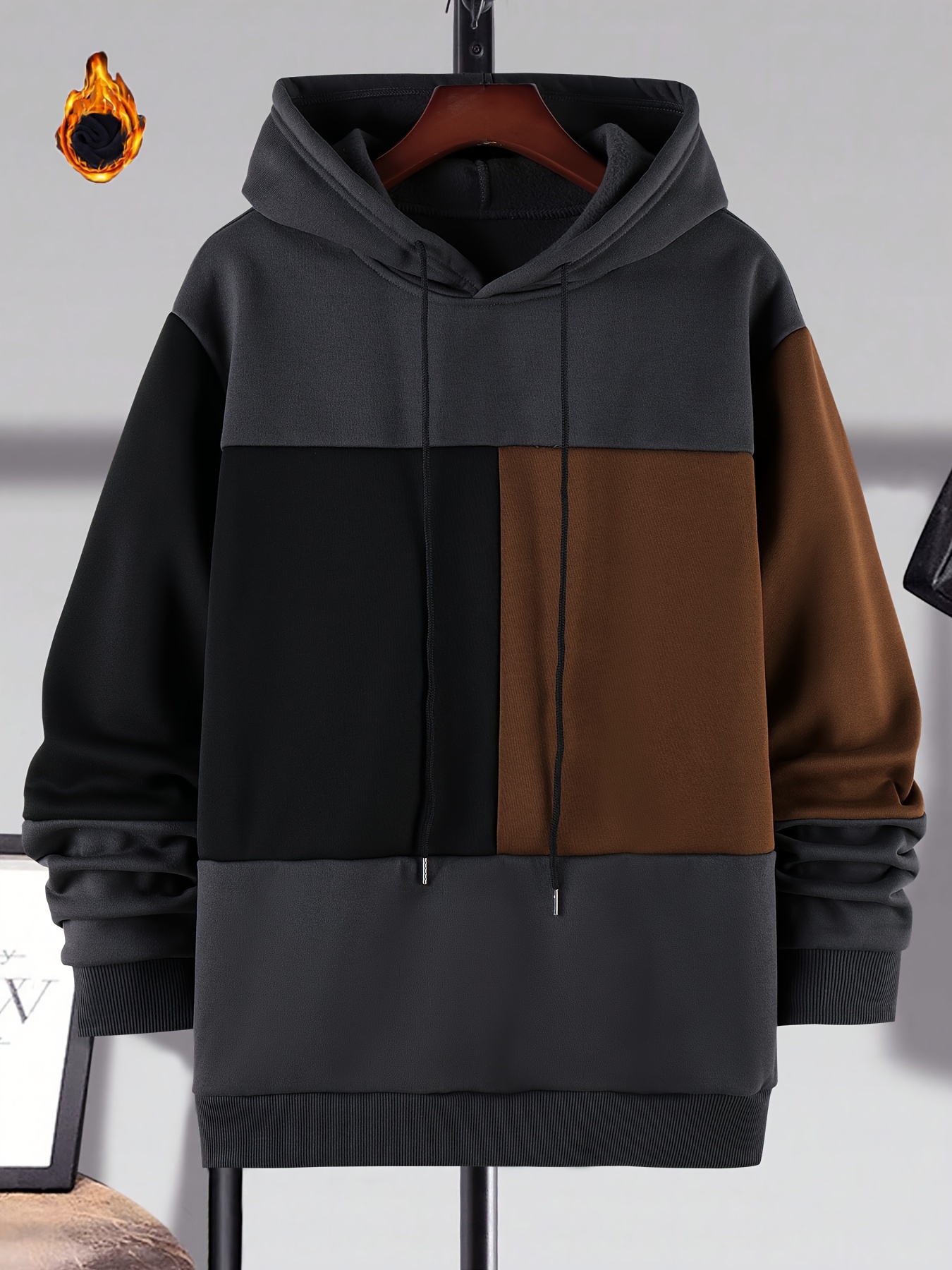 Büyük Beden Erkeklerin Bahar Sonbahar Kış İçin Kontrast Renkli Kapüşonlu Sweatshirt, Erkek Giyim