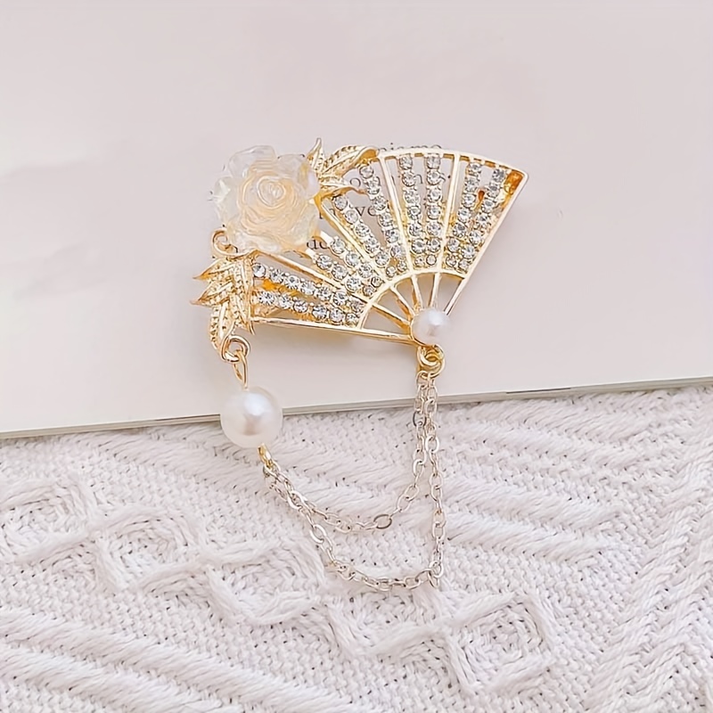 Rhinestone Fan Shape Brooch Inlaid Faux Pearl Alloy Corsage - Temu