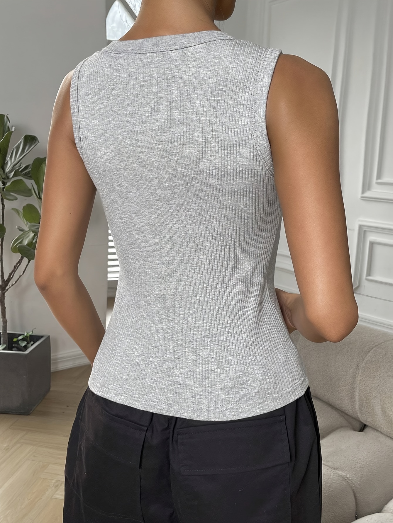 solid color crew neck tank top elegant sleeveless tank top for every day womens clothing grey 2