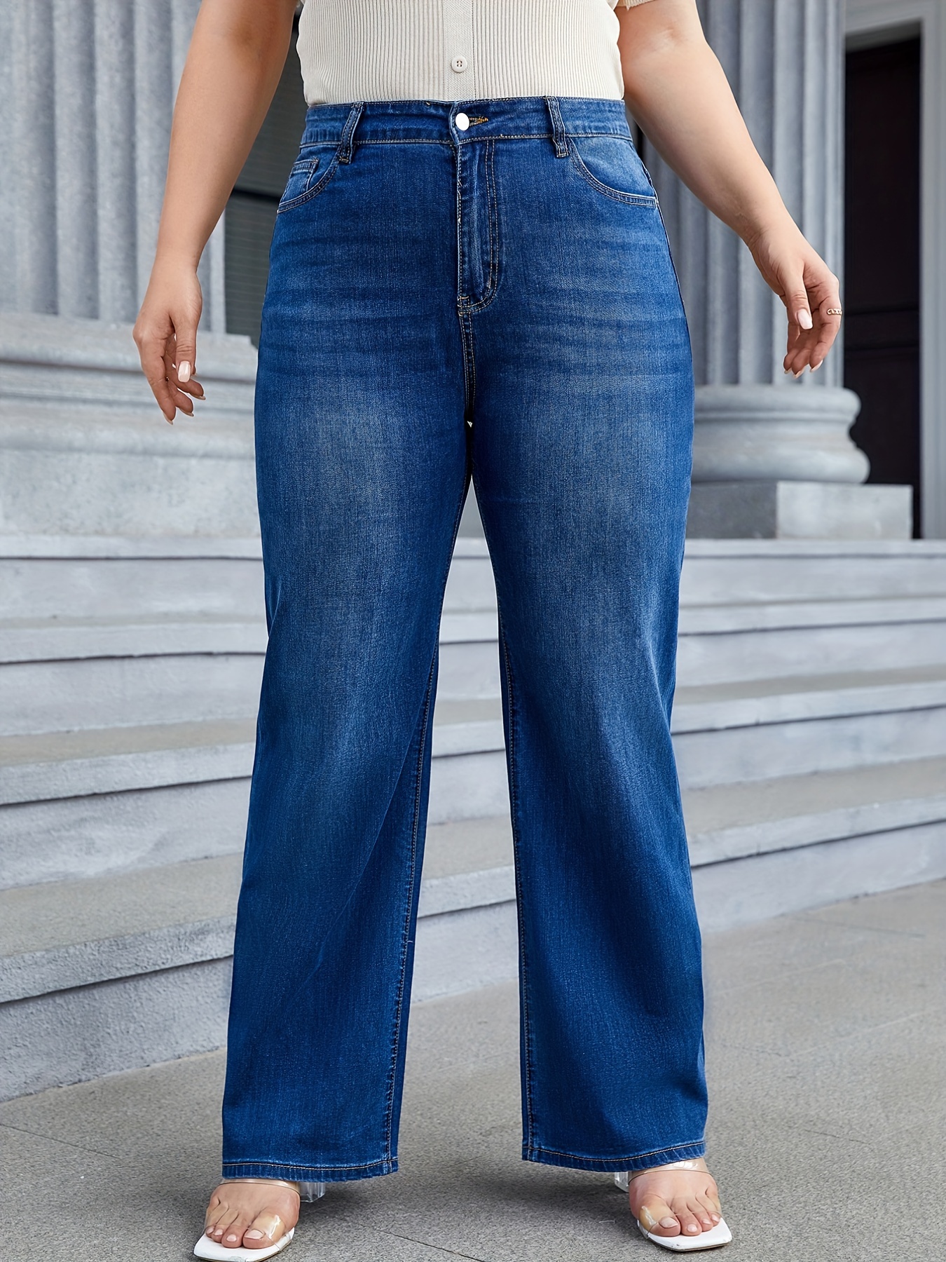 Plus Size Casual Jeans, Women's Plus Solid Button Fly Medium Stretch  Straight Leg Jeans