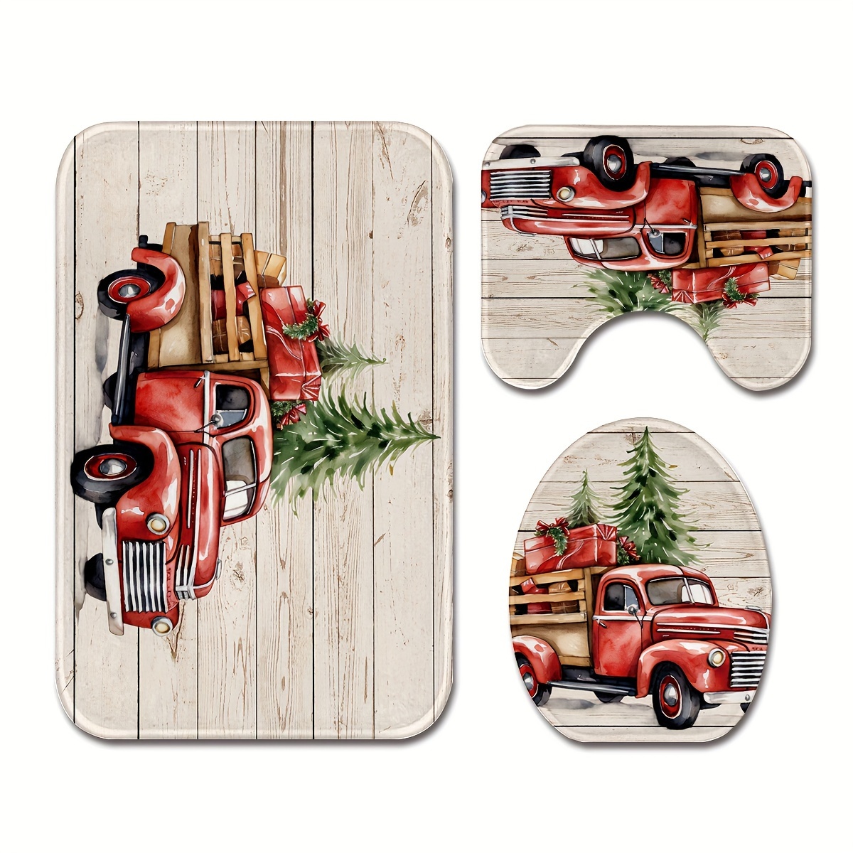 

3pcs/set Christmas Red Truck Printed Bathroom Mat Set, Non-slip Water-absorbent Bath Rug, Toilet Lid Cover And U-shaped Contour Mat, Bathroom Floor Mat, Bathroom Decor, Bathroom Supplies