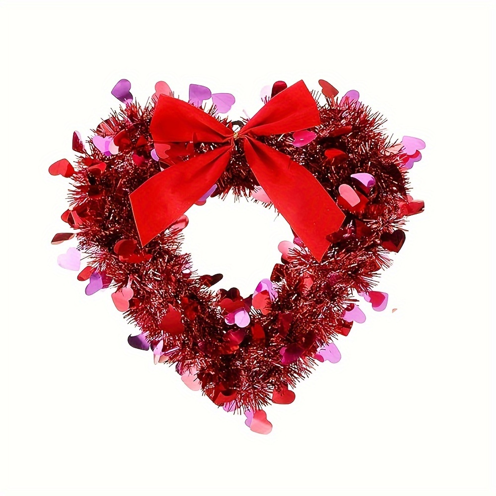 Red Valentine Heart Wreaths for Front Door Heart Shaped Wreath Tinsel Heart  Decor with Bowknot 12 Inch Hanging Valentine's Day Wreath for Anniversary