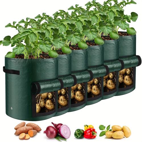 6pcs, 7 Gallon/10 Gallon Garden Potato Grow Bags With Flap And Handles Aeration Fabric Pots Heavy Duty Vegetable Planter Bag For Tomato, Fruits