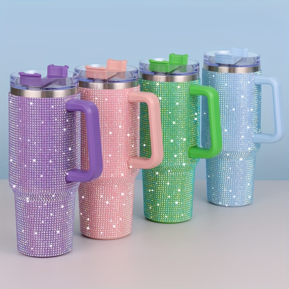 Shiny Rhinestone Tumbler With Handle,stainless Steel Insulated Travel  Coffee Mug Double Wall Leak Resistant Vacuum Tumbler With Straw Portable  Tumbler, Summer Drinkware, Home Kitchen Items, Birthday Gifts Back To  School Supplies 