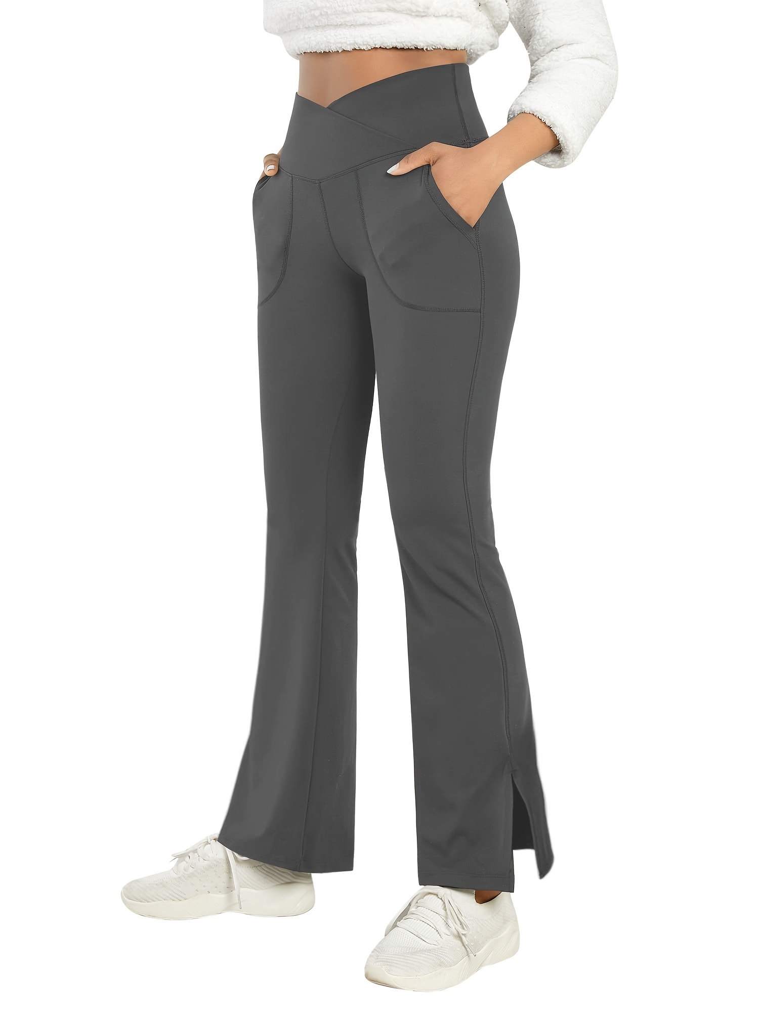 Solid Color Pocket Flare Leg Pants Pocket High Stretch Yoga - Temu