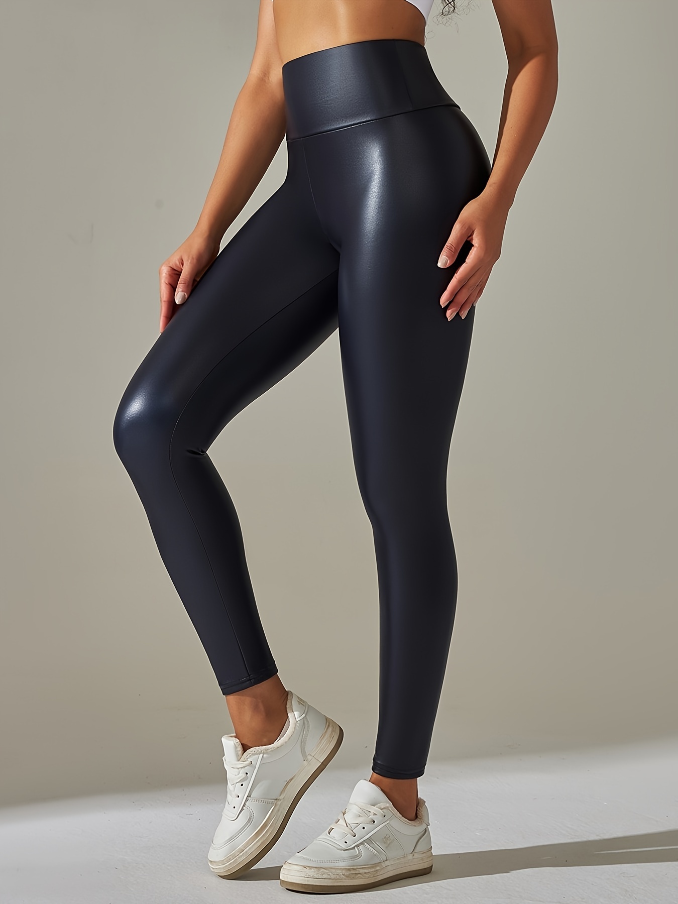 Faux PU Leather Sports Leggings, Stretchy Slim Fit Sports Yoga Pants,  Women's Activewear