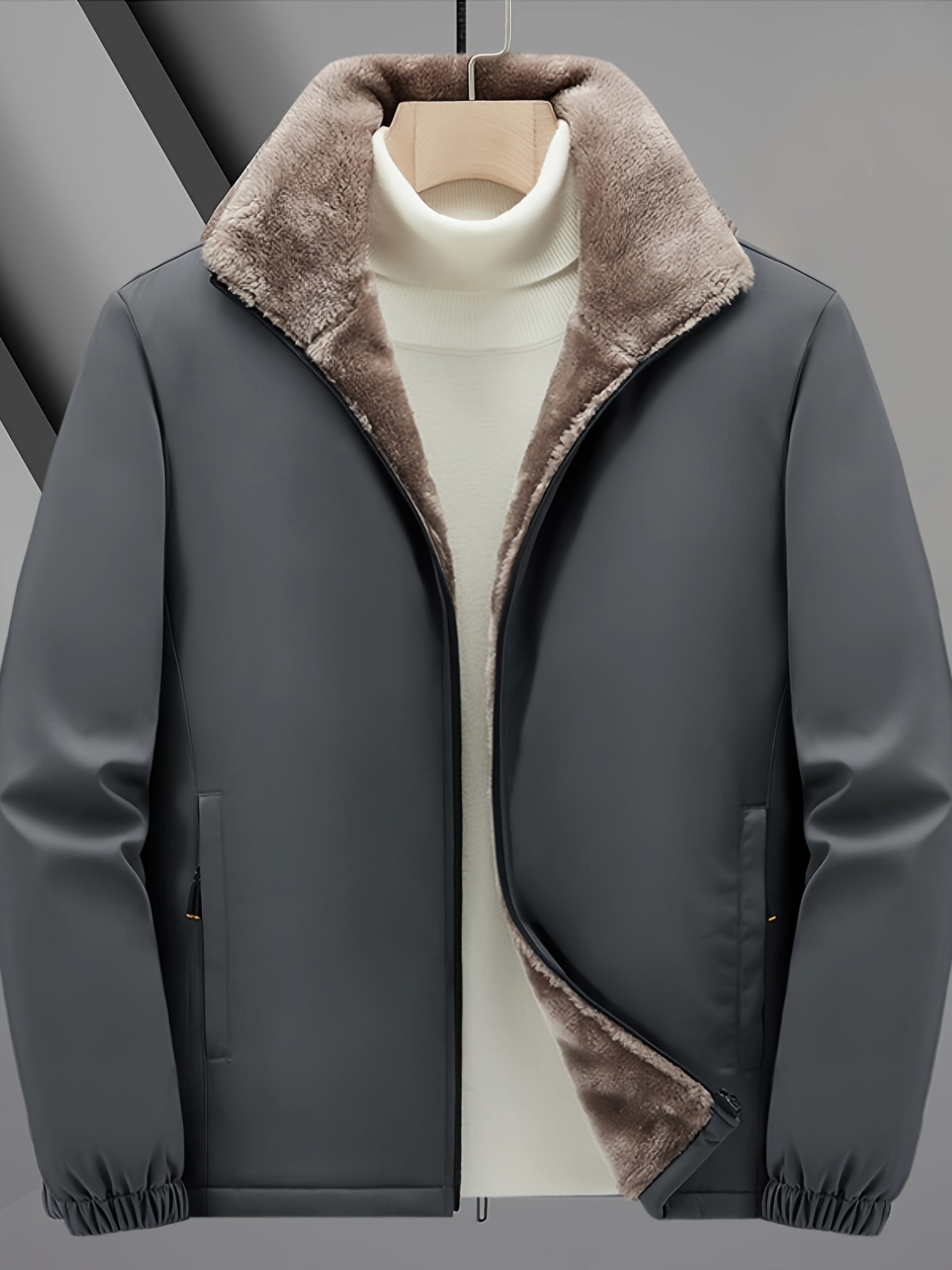 Olyvenn Winter Warm Men's Fashion Casual Fleece Jacket With Inner Casing  Plush Warm Cashmere Fleece Long Sleeve Pocket Solid Color Bottoming Coat
