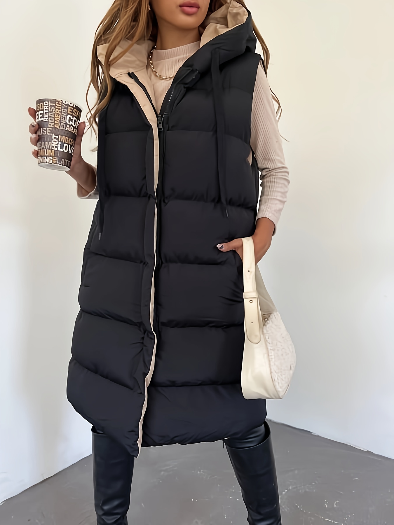Length Hooded Vest Coat Casual Zip Drawstring Outerwear - Temu Canada