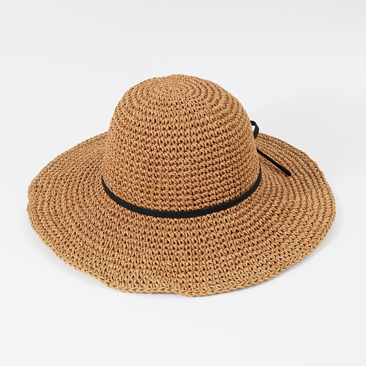 Boho Straw Hat with Thin Bow Tie for Beach Travel
