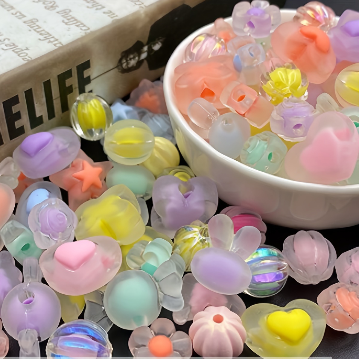 120Pcs Aesthetic Acrylic Assorted Beads Mix Color Pastel Beads Flower Heart  Star Butterfly Candy Round Beads Plastic Beads Cute Beads Bulk for