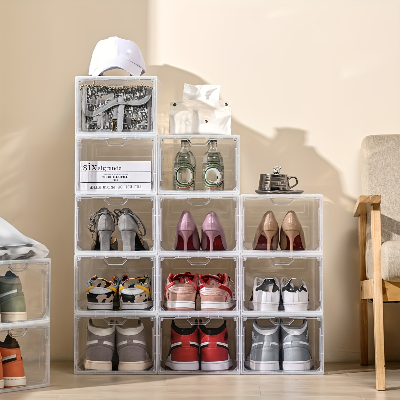 Cajas de almacenamiento de zapatos, vitrina de zapatos, almacenamiento de  zapatos, cajas de zapatos apilables de plástico transparente, organizador  de