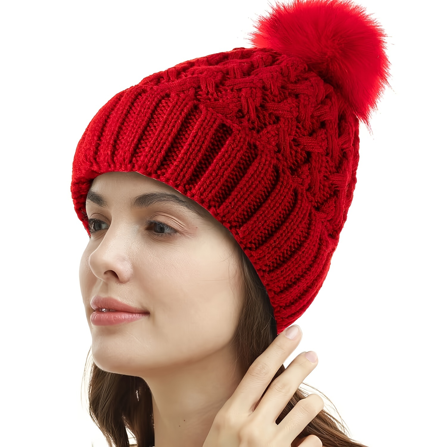  Jdlsppl Gorro de invierno para mujer, gorro de punto de lana  para nieve, gorro de esquí con ala, Rojo - : Ropa, Zapatos y Joyería