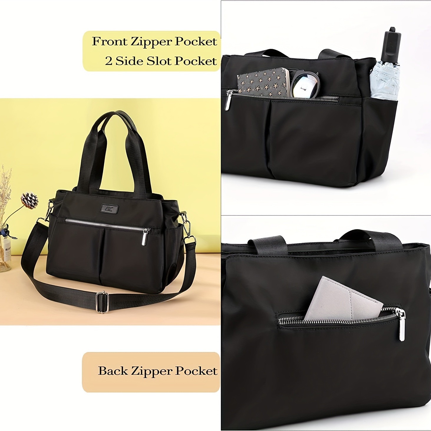 Large Capacity Versatile Shoulder Bag Zipper Solid Stylish Handbag Nylon