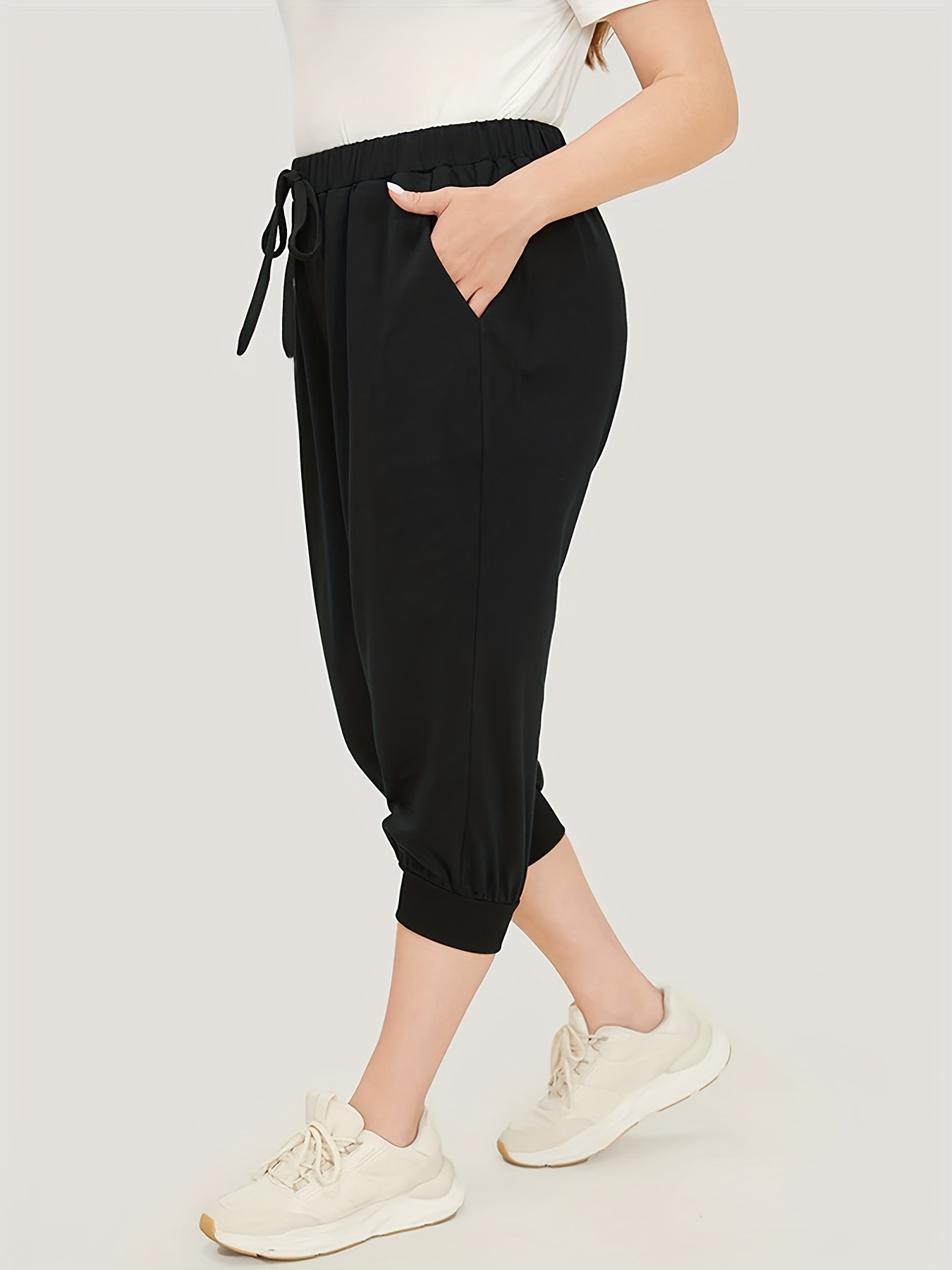 Plus Size Elegant Capri Pants Women's Plus Solid Elastic - Temu Canada