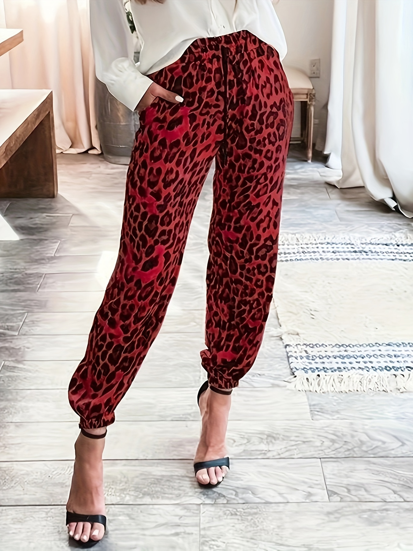 Women's Leggings Black Shiny Leopard Textured Leggings Pants - Temu