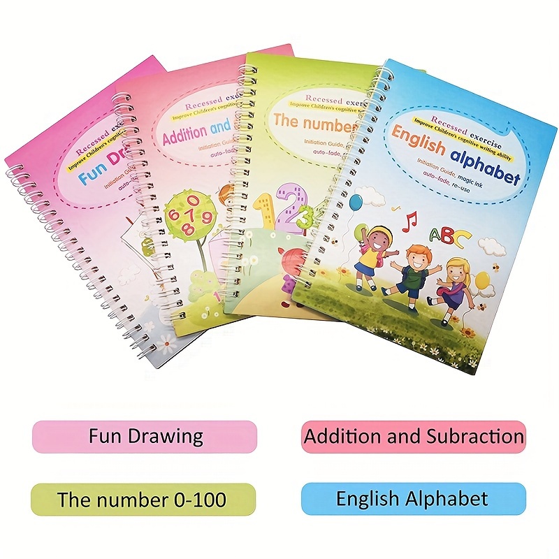 4Pcs Reusable English Alphabet Number Kids Drawing Practice Book