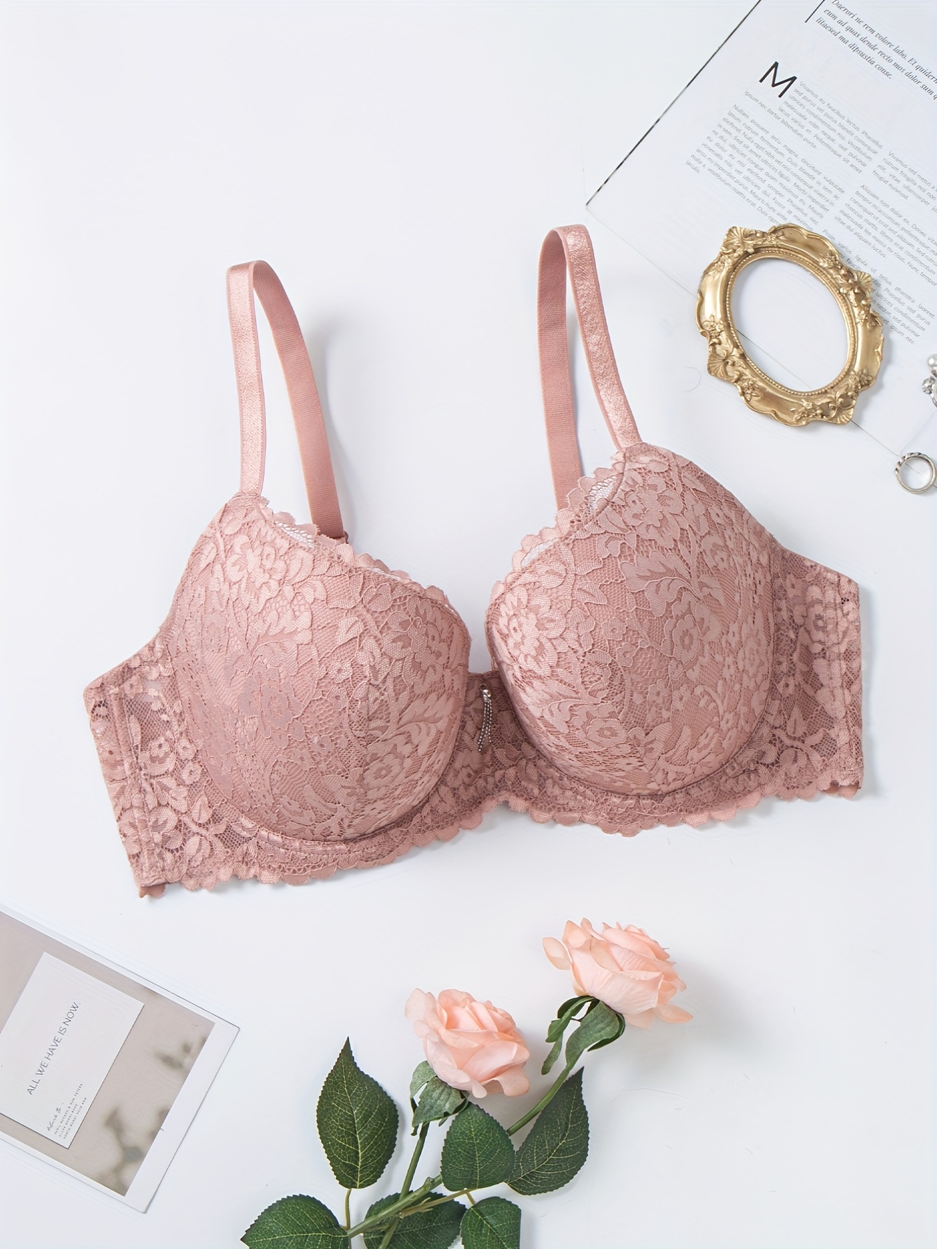  Womens Full Coverage Floral Lace Underwired Bra Plus Size  Non Padded Comfort Bra 42C Pink
