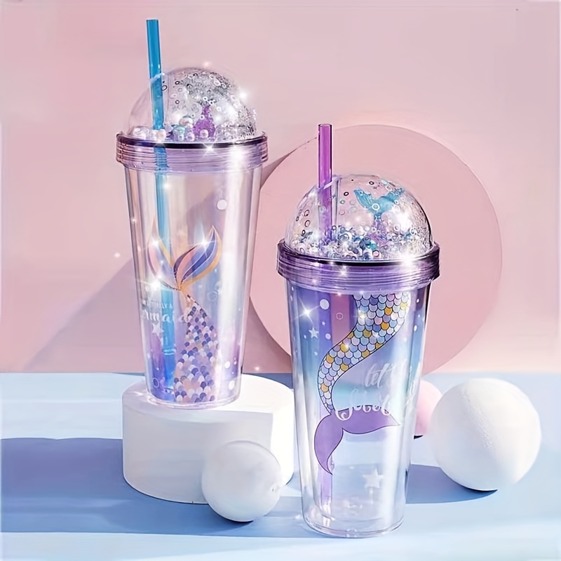 

1pc, Shiny Fantasy Mermaid Water Bottle With Straw - Double Wall Plastic Cup For Summer Drinking - Perfect Birthday Gift For Home And Kitchen