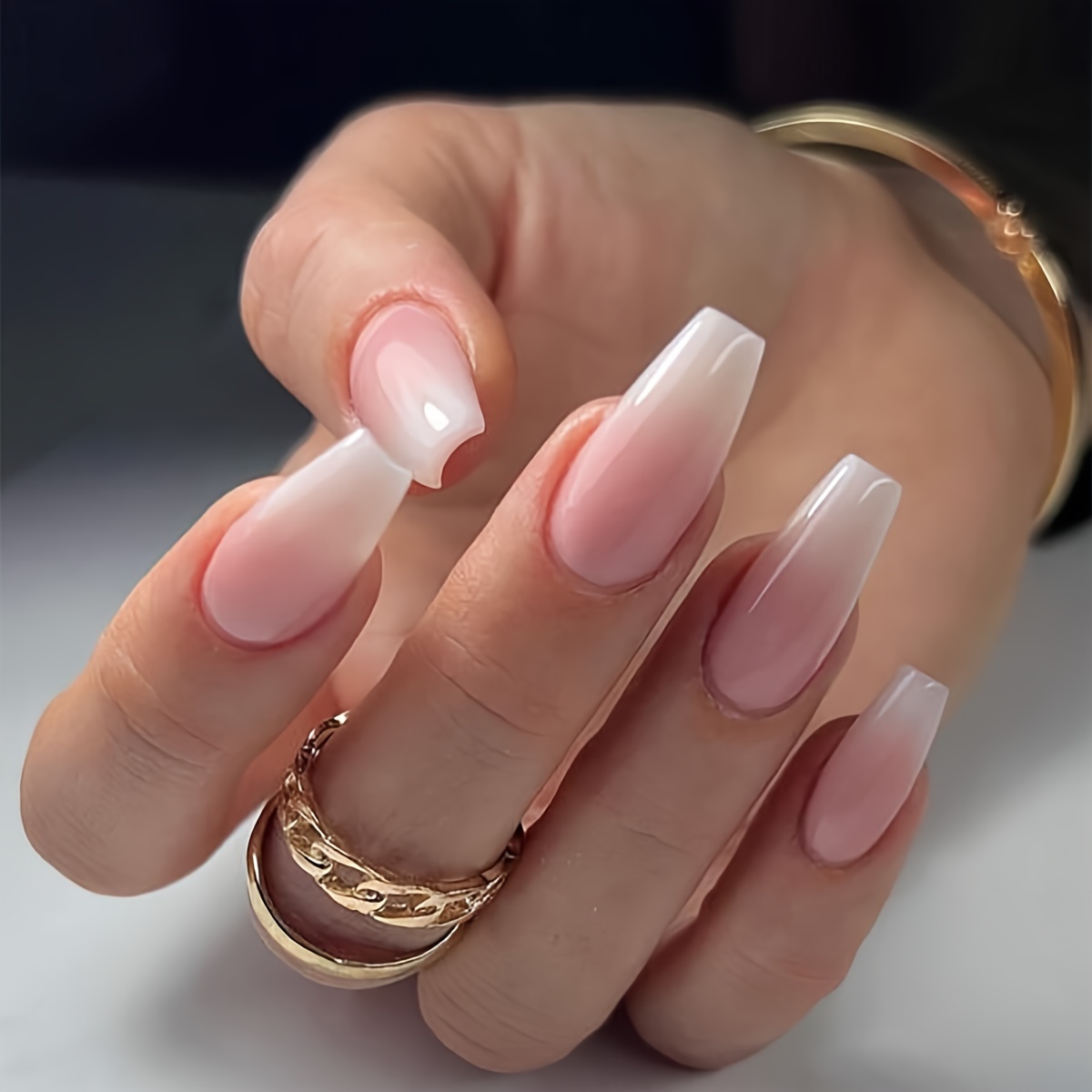  Ombre Press on Nails Almond Glue on Nails Medium Length  Acrylic Nails Nude White Gradient Fake Nails 24 Fake Nails in 12 Sizes,Natural  Nails Press on False Nails with Glue